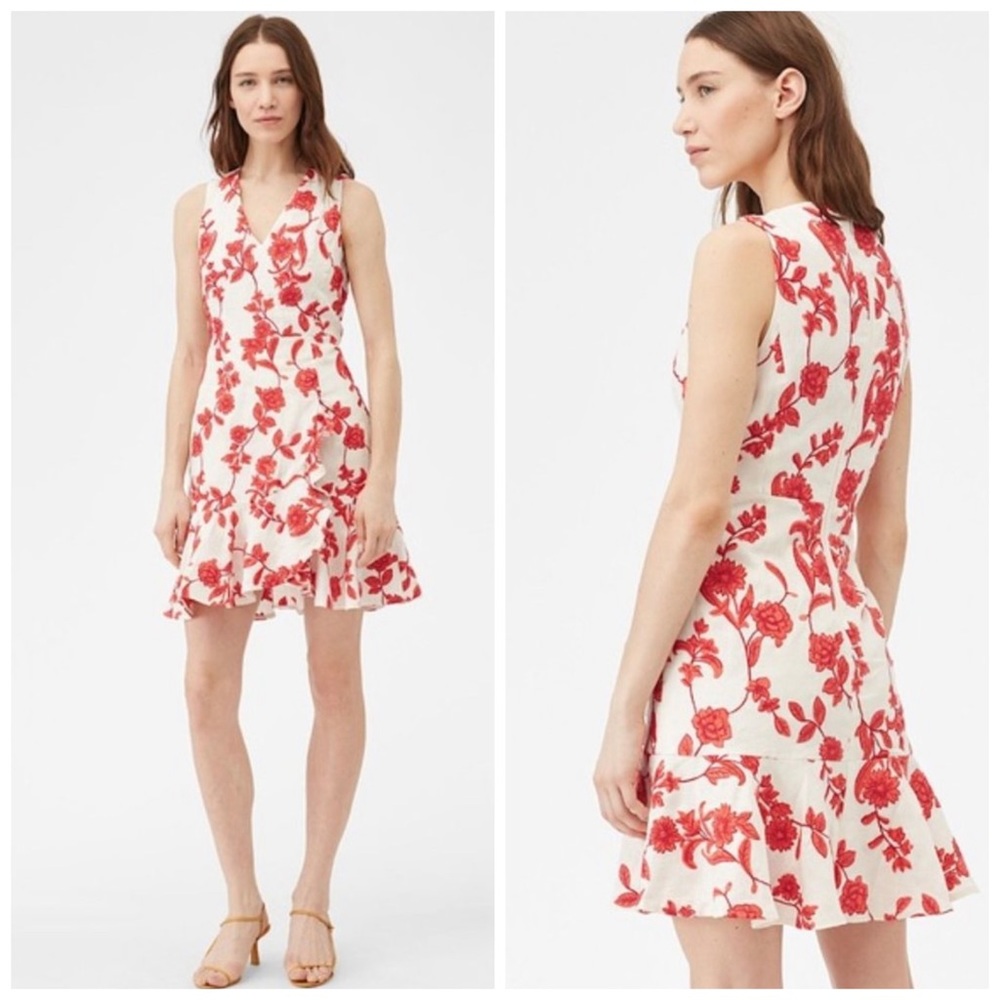 Rebecca Taylor Coral Embroidered Floral Print Linen Dress